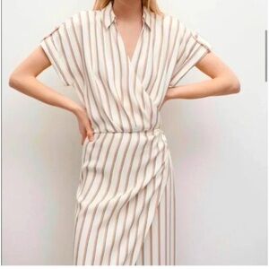 NWT Zara striped wrap midi dress in cream and tan with gold buttons size S